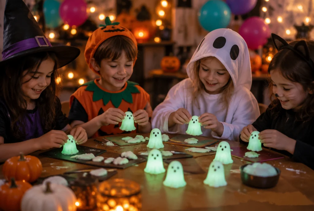 Деца в Halloween костюми правят светещи духчета от полимерна глина в Dream, Младост